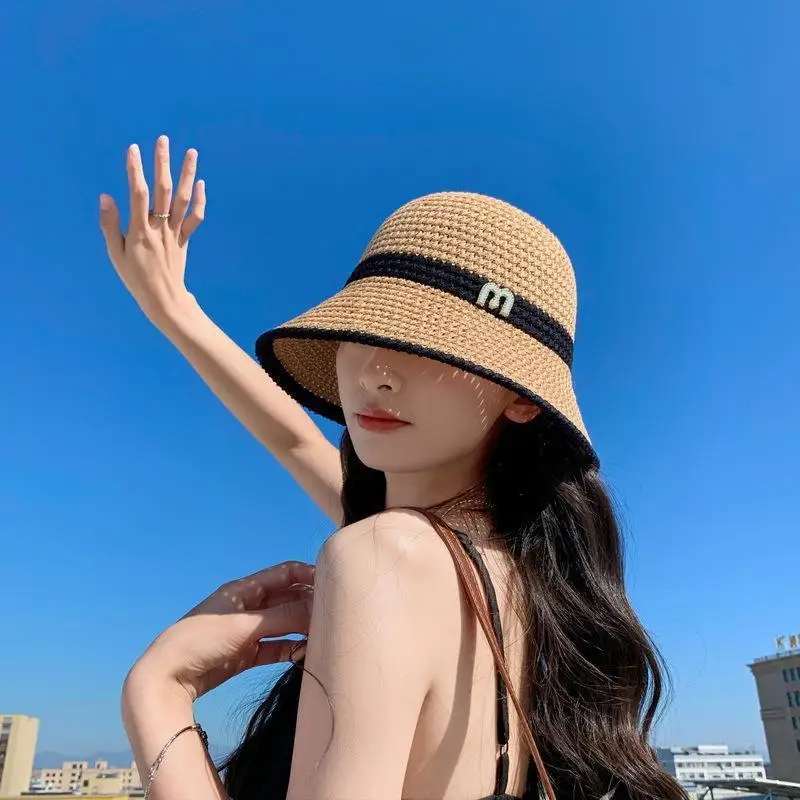 Quick-Drying Hat Summer Knitted Hollowed out Breathable Fisherman Hat Female Letter All Casual Sunshade Sunblock Hat Thin Bucket