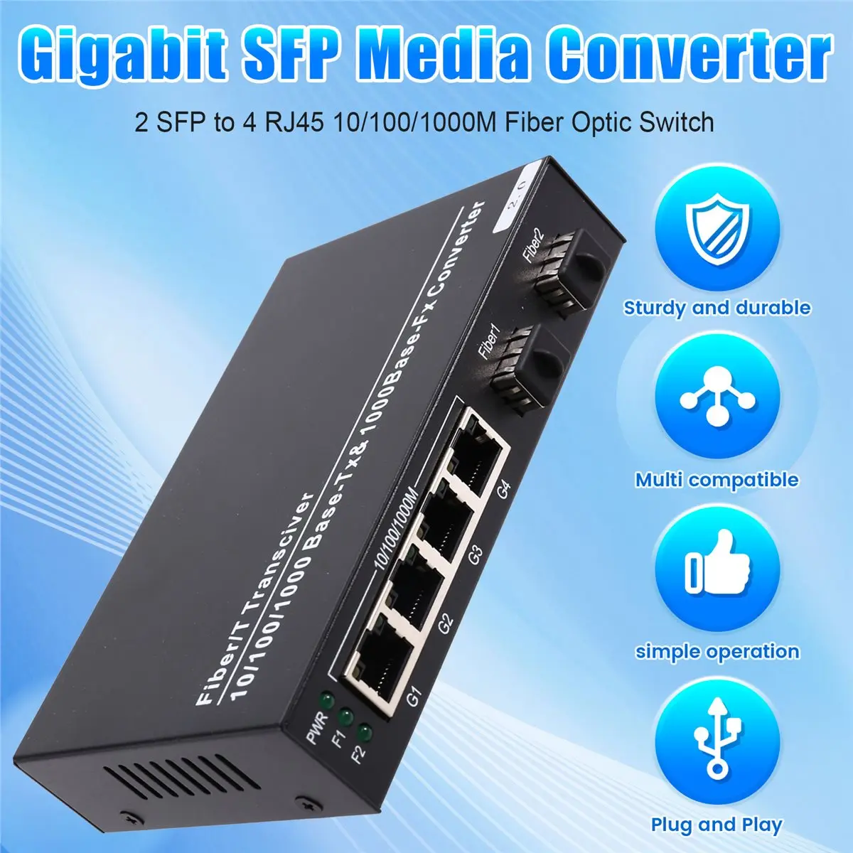 [AC18 Digital]/Gigabit Media Converter 2 to 4 RJ45 10/100/1000M Fiber Optic Switch,for Fast Connectivity US Plug