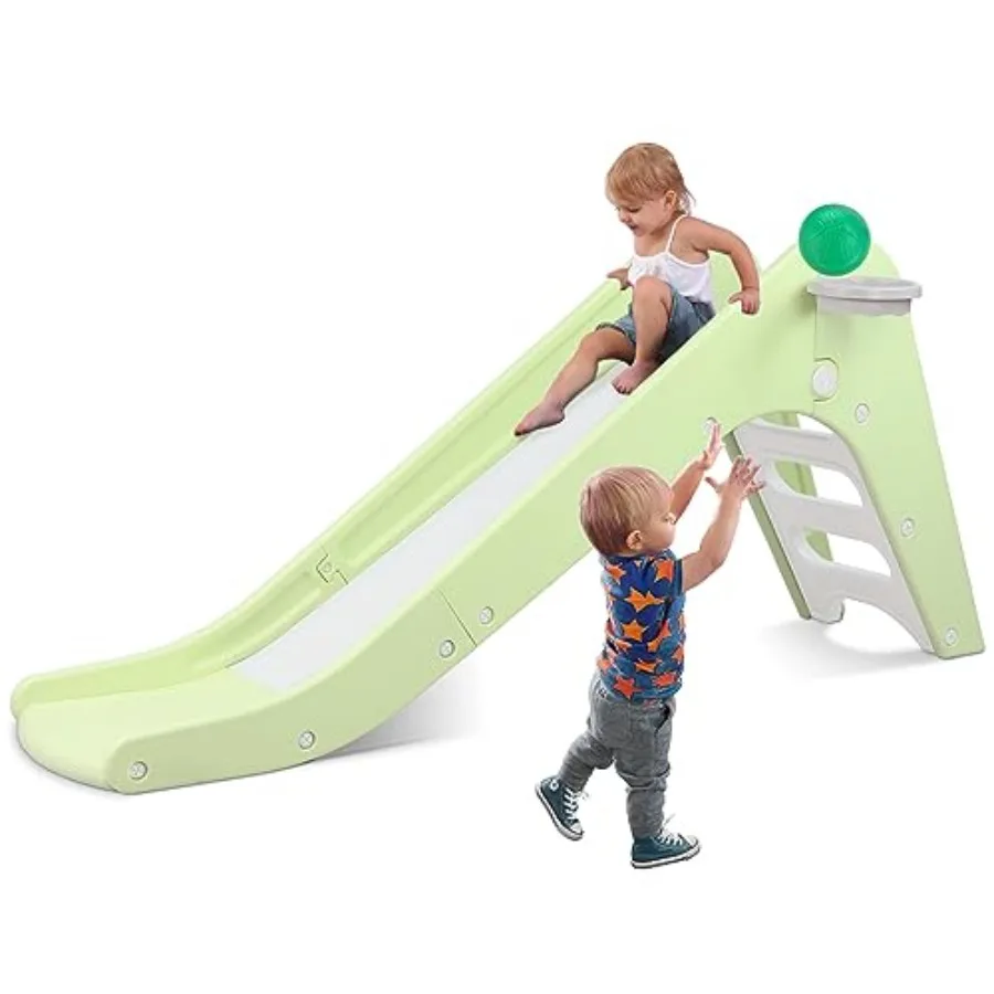 

Toddler Slide Baby Indoor Foldable Slide with Basketball Hoop and Ball 63" Extra Long Slope Non-Slip Steps Sturdy Plastic Outdo