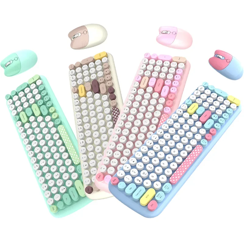 Cute 2.4G Wireless Keyboard Mouse Set with Circular Keycap Keyboard and Mouse for PC Laptop Phone Tablet Computer