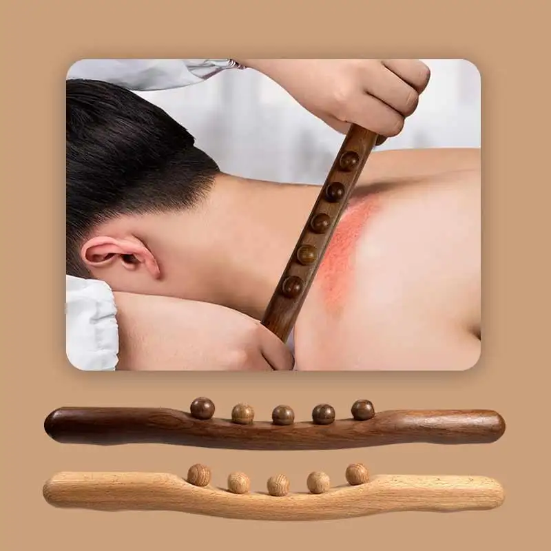 

1 шт. деревянная массажная палочка Гуаша с 5 бусинами, лимфодренажная роликовая палочка для спины для коррекции фигуры и массажа