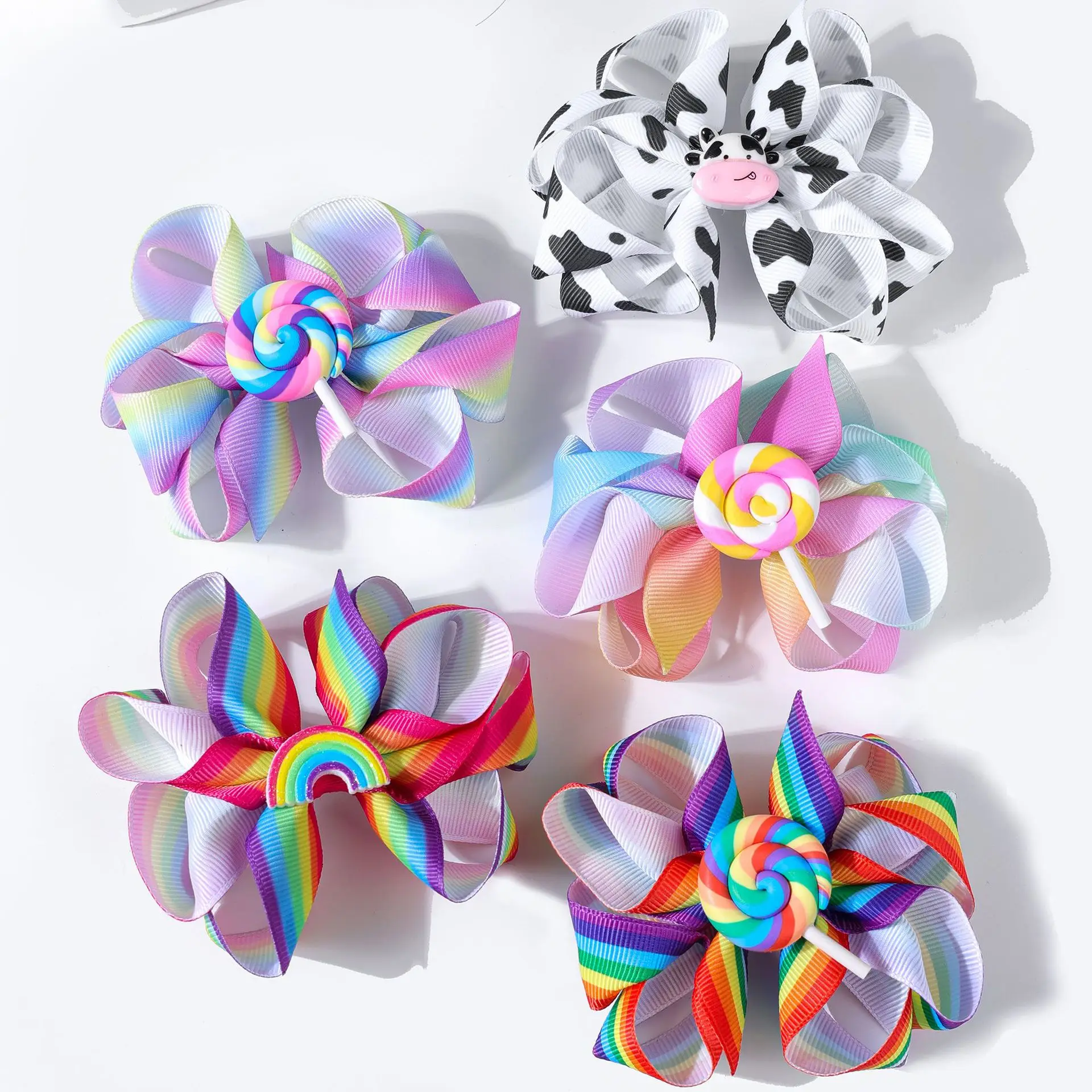 

30 PCS/Lot, 3.9" Printed Twist Boutique Hair Bow Clips Girls Lollipop Ribbon Bow Hair Clips Children Hair Accessories