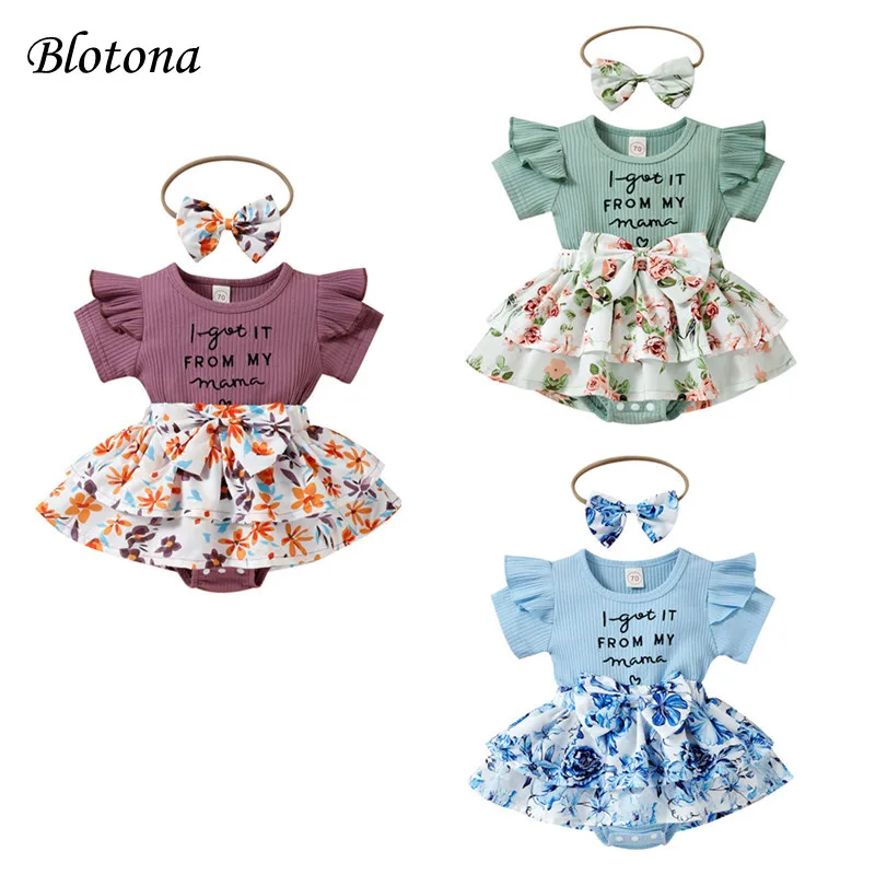 

Blotona Newborn Baby Girls Romper Dress, Letter Floral Print Ruffle Short Sleeve Jumpsuits and Bow Headband, 0-24Months