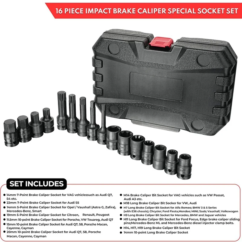 16-Piece Impact Brake Caliper Socket Tool Set , 1/2Inch Drive Brake Adjusting Tool For  Porsche VW BMW Ford