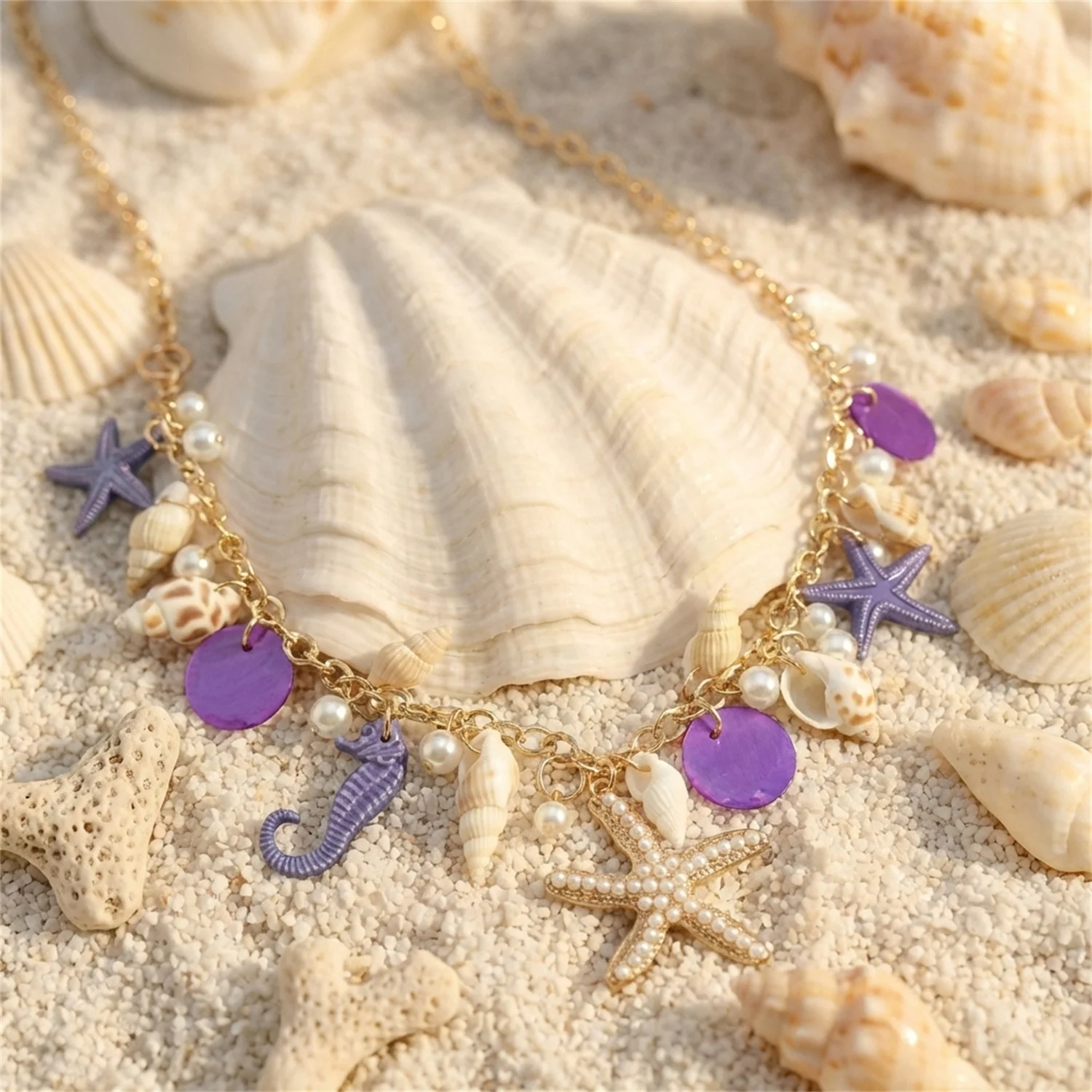 Neue einzigartige meeresinspirierte Doppelschicht-Halskette für Damen mit Seestern-, Muschel- und Seepferdchen-Anhänger, Choker, Strand-Schmuckgeschenke – Detail 4