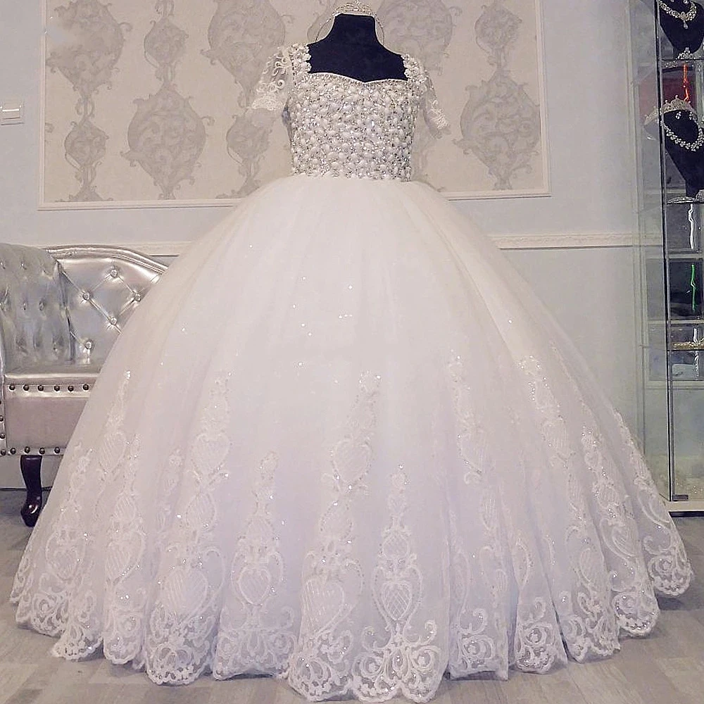 White Ball Gown Glitter Pearls Crystals Flower Girl Dress for Wedding Crystal Short Sleeve Kids First Communion Dress Customized