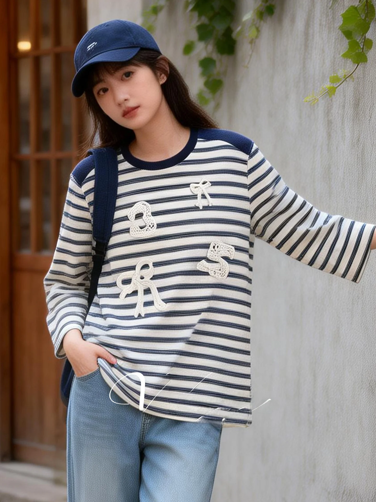 

Женская комфортная хлопковая рубашка больших размеров: трикотажный топ свободного кроя с круглым вырезом, длинными рукавами и полосками, в повседневном стиле, новинка весенней коллекции