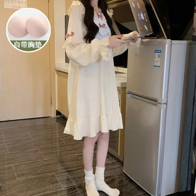 Women Spring Autumn Lace Trim Nightgown Girls Lady Bow Casual Homewear Woman Soft Casual Loungewear Chest Pad Home Clothes Teen
