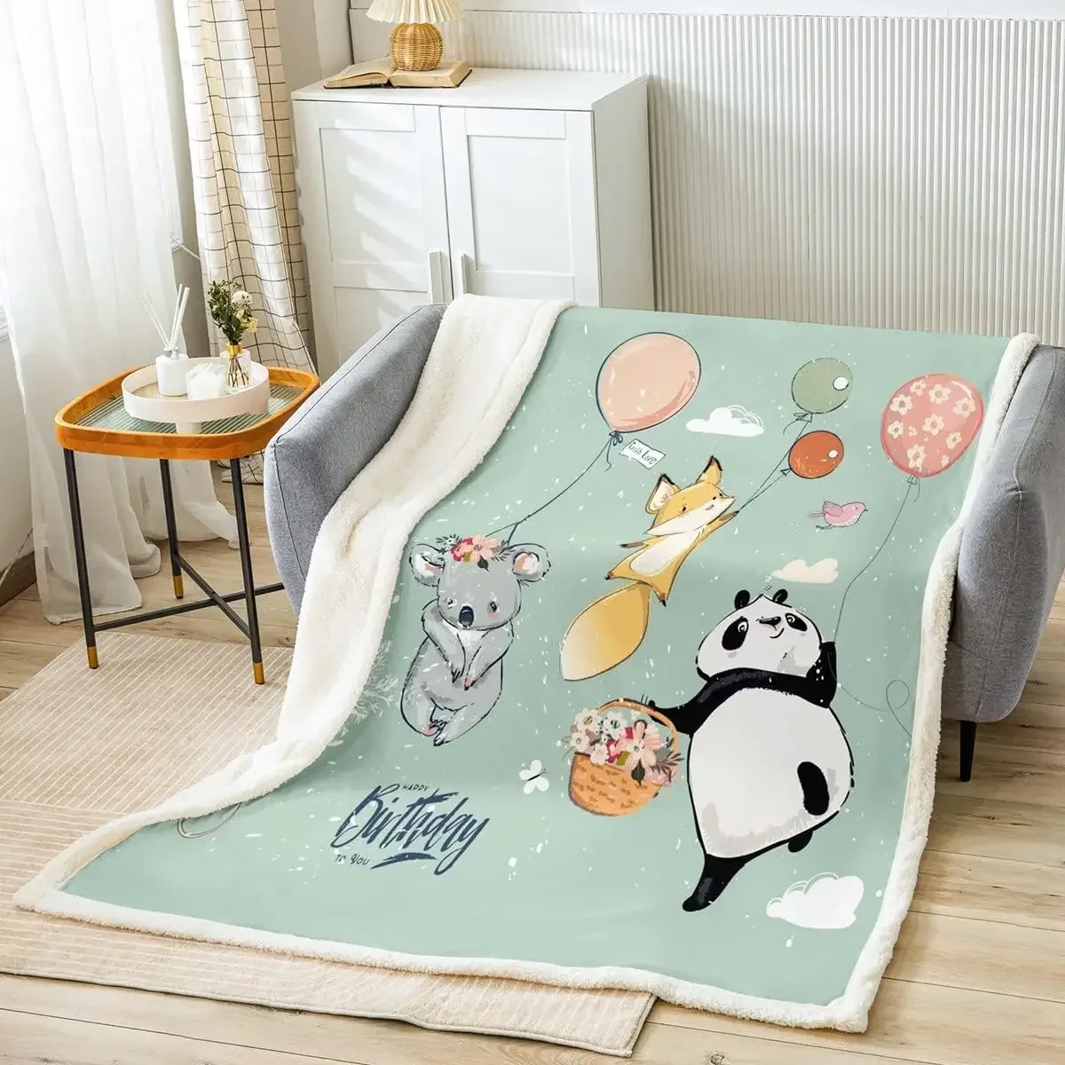

3D Print Cute Animals Blankets Happy Birthday Theme Throw Blanket Cartoon Panda Fox Koala Fleece Blanket for Kids Girl Boy Room
