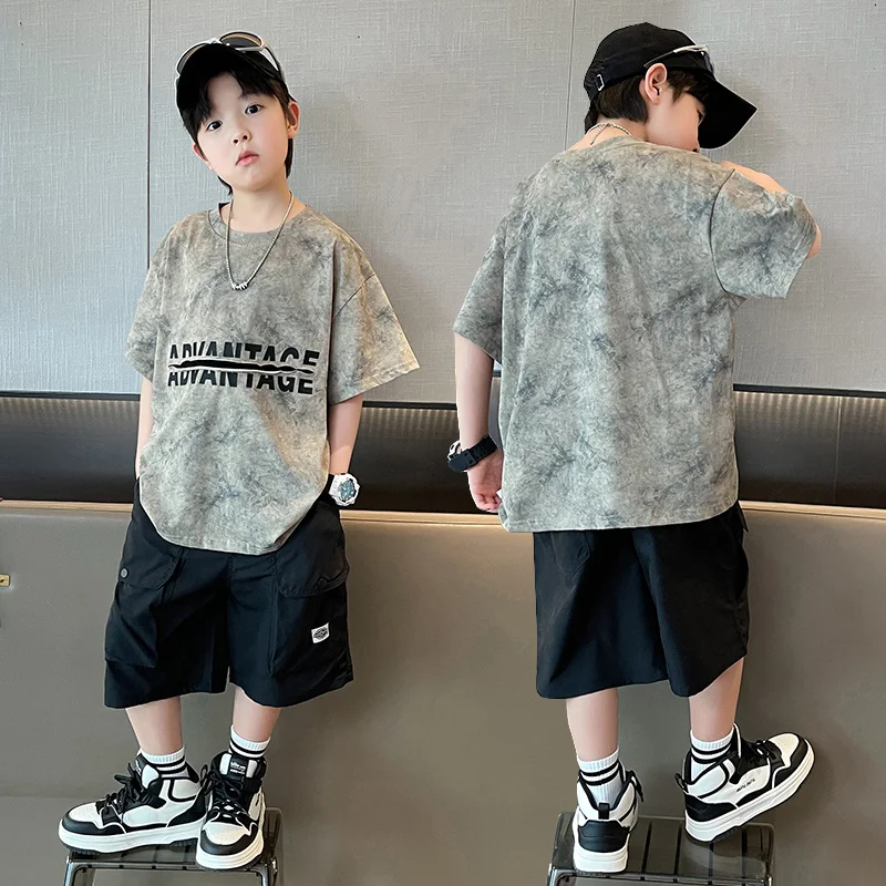 Boys Summer Clothing Sets Tie-Dye Tops + Shorts Two Pieces Soft Cotton Outfits for Kids Child Age 5 6 7 8 9 10 11 12 13 14Years