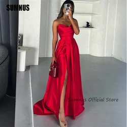 SUMNUS Women Red Satin A Line Long Evening Dresses Strapless Formal Party Gowns Special Occasion Prom Gowns Vestidos De Festa