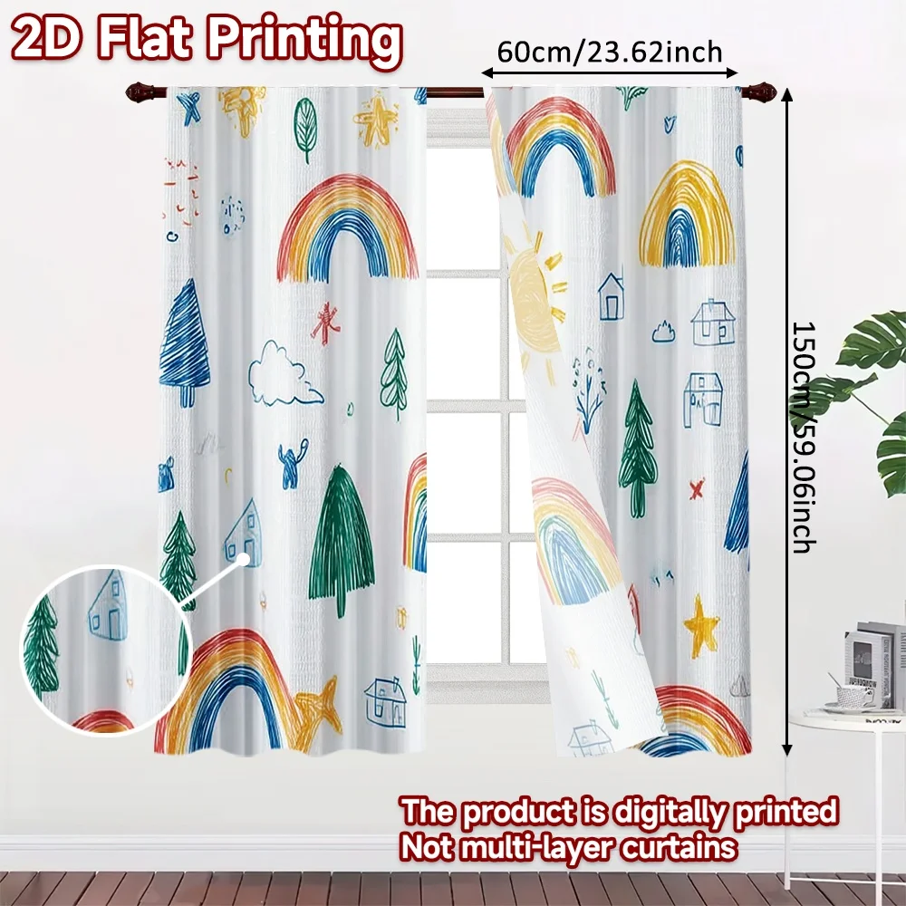 2D flat printing 2pcs Drapes Sunny Rainbow Doodles Digital Printed Polyester Drapes Party Decorations Perfect for New Year