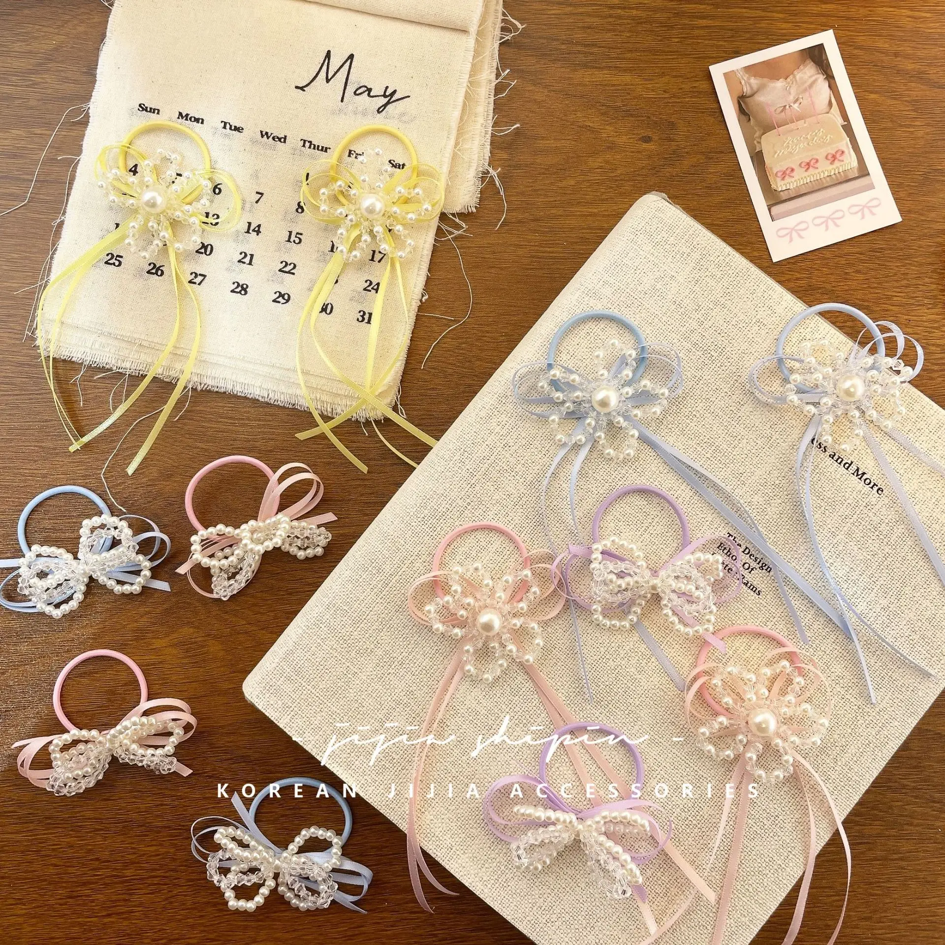 Hair Tie Korean Style Lightweight Beaded Flower Ribbon Bow High Elasticity Ponytail Holder Sweet Ballet Women Daily Party Travel