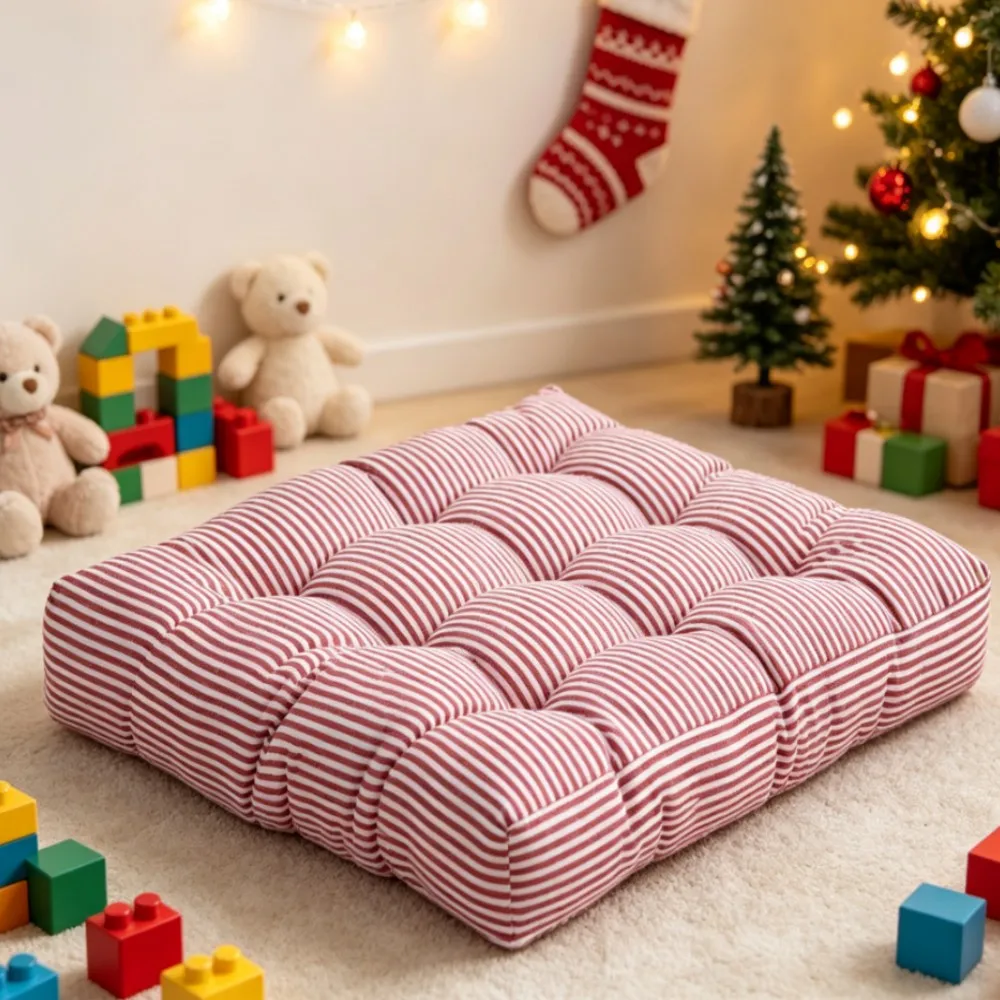 Christmas Red Floor Seat Cushion Vintage Farmhouse Aesthetic Thick Linen Stripe Floor Seat Cushion Non-Slip Square Chair Pad