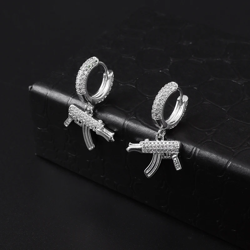 Hip Hop Style Ice Out Copper Cubic Zirconia Men's Gun Drop Earrings Hypoallergenic Earrings Jewelry Gifts