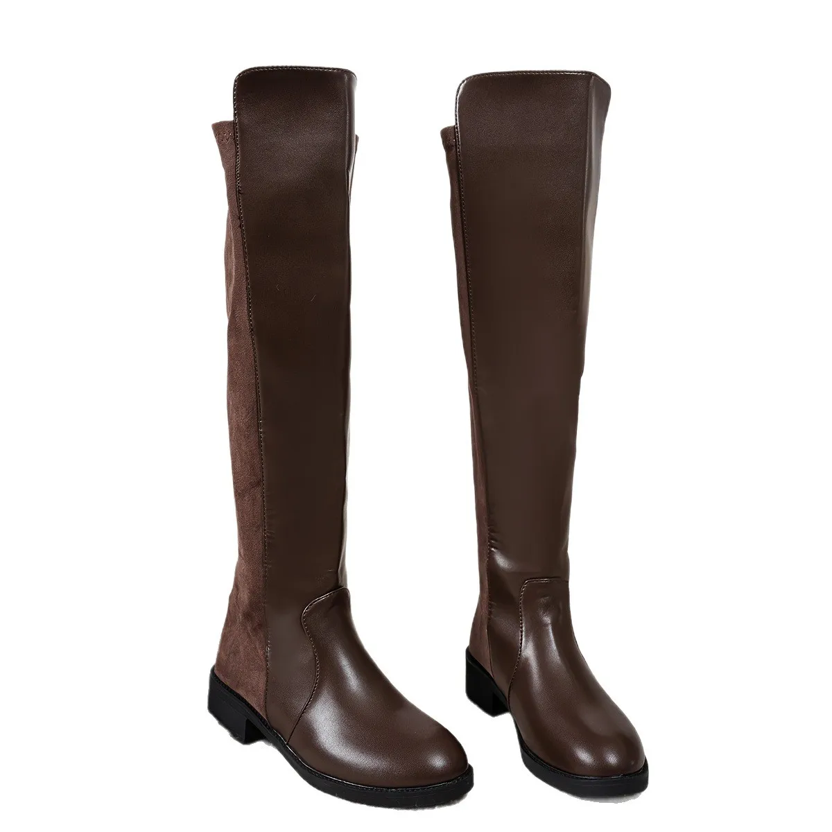 

2026 женские осенне-зимние кожаные сапоги выше колена с острым носком в стиле пэчворк, уличная обувь на массивном каблуке