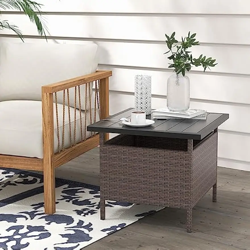 Hole, 22'' Square Wicker Table w/Metal Frame, PE Rattan Bistro Dining Table for Yard, Garden, Deck, Umbrella Side Table