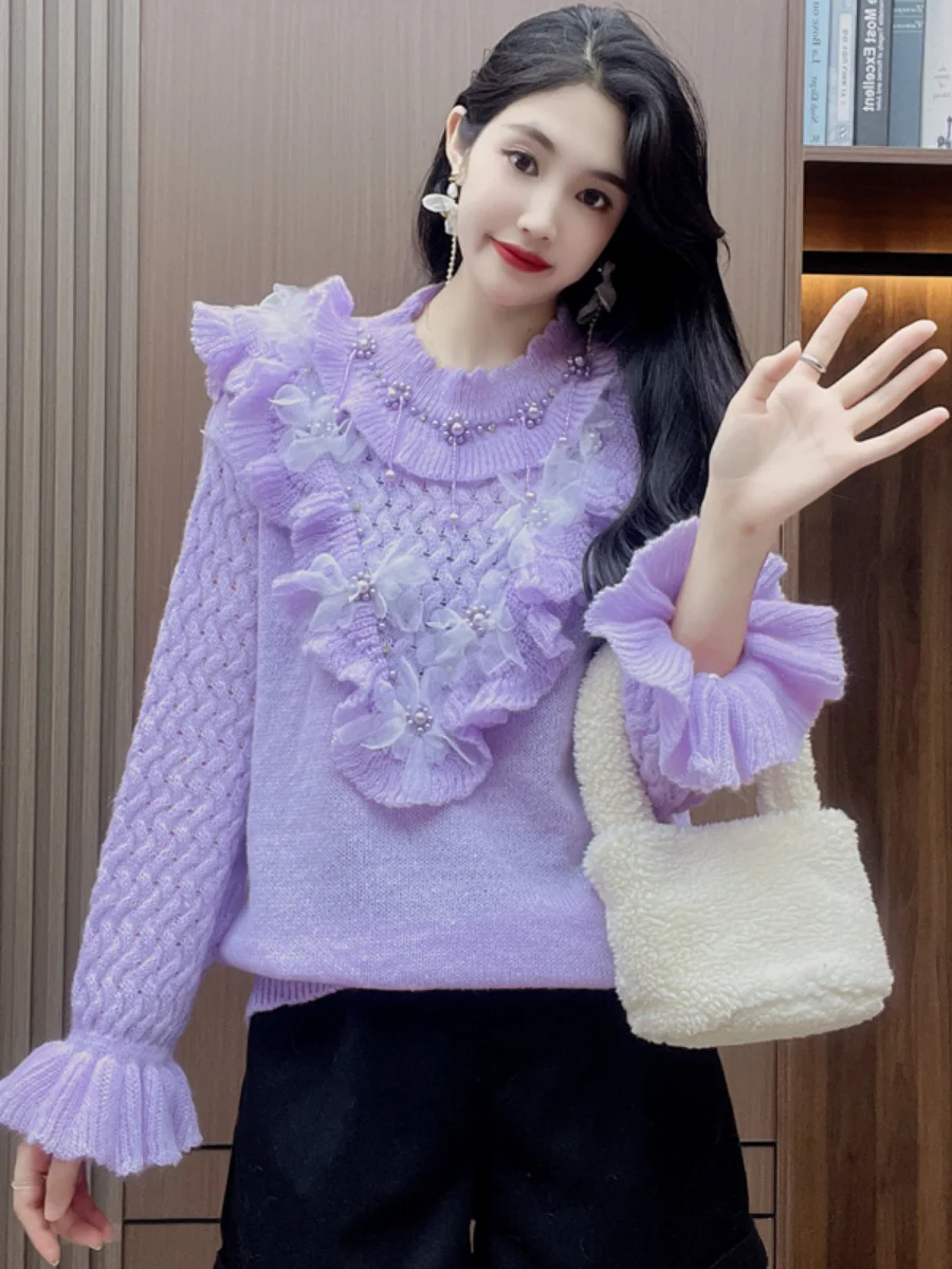 Winter New Autumn solid Idle Style Knitted Top Elegant Lace Exquisite Rhinestone beaded Loose Korean Sweet Pink Sweater