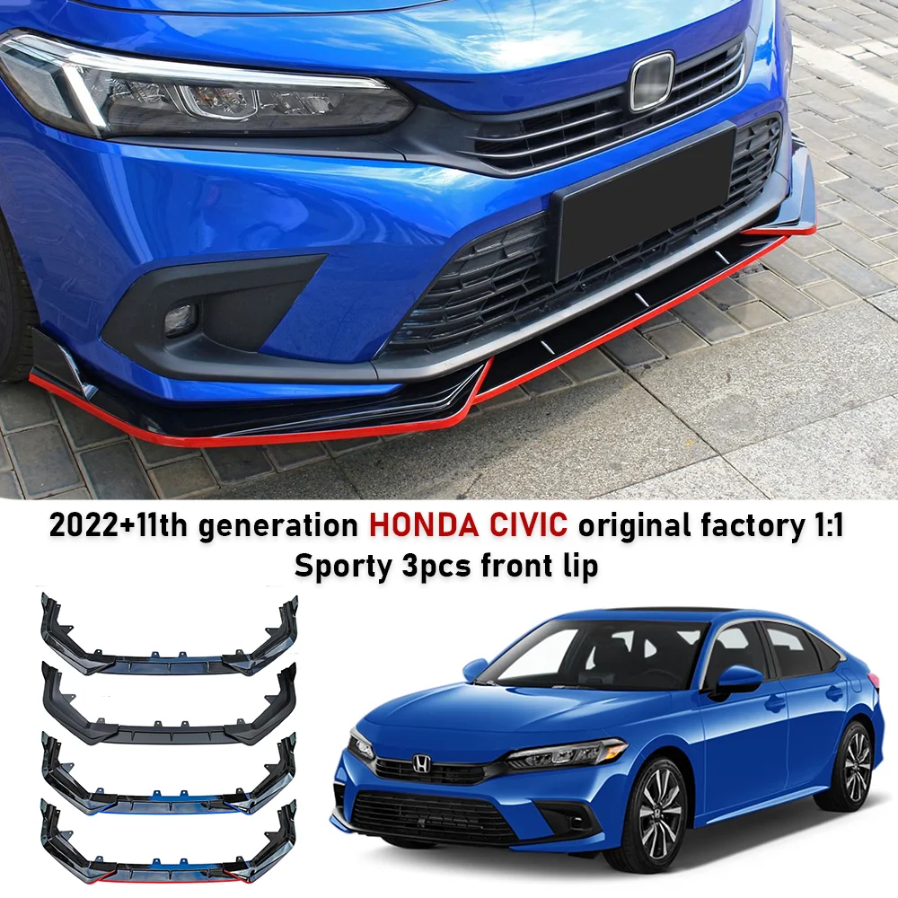 

3pcs Sporty Front Lip For Honda Civic 2022+ Gen 11th Glossy Black Sport Body Kit bumper Spoiler Auto Accessories Car Update