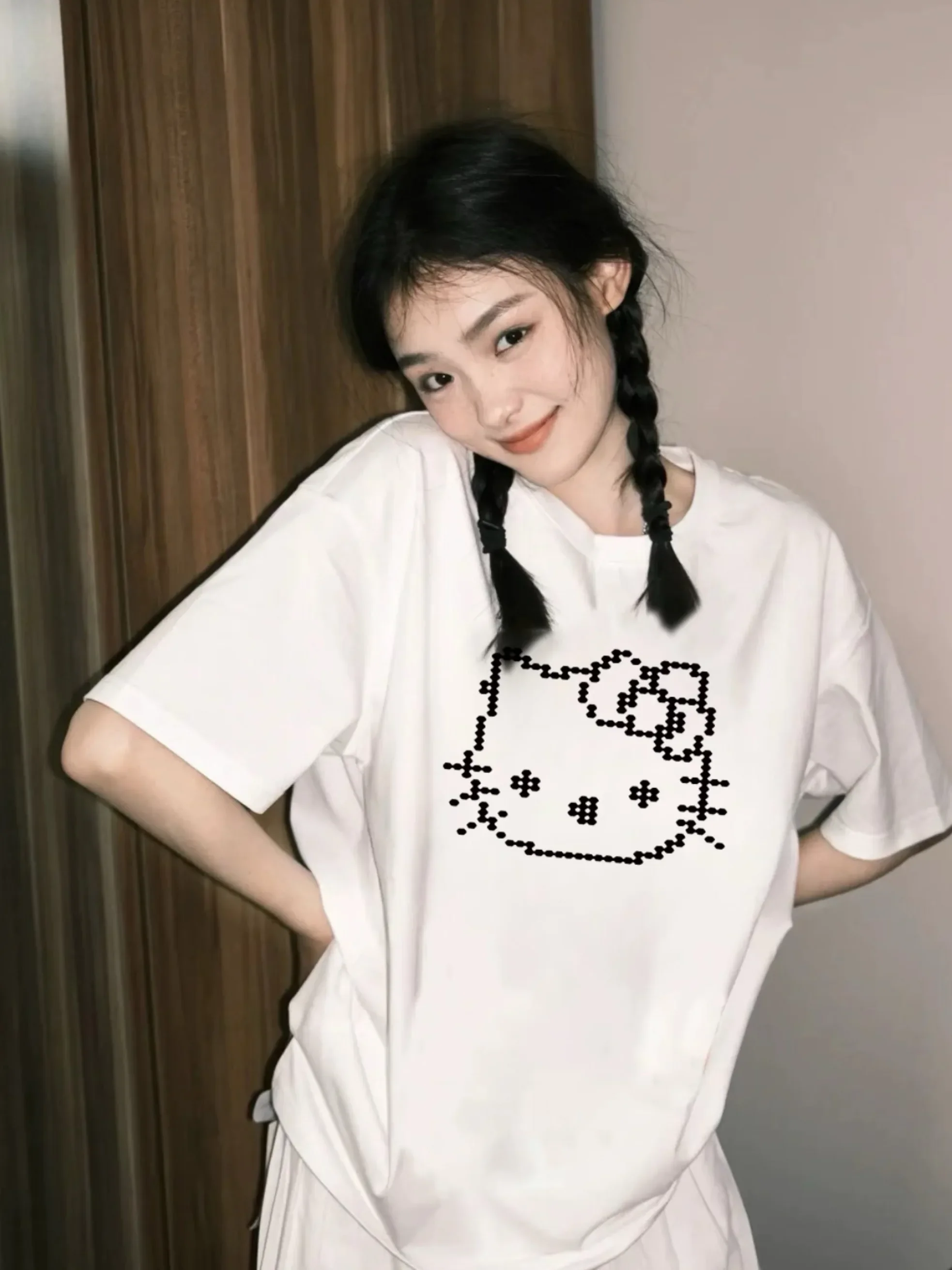 

Korean Crew Neck Fun Hello Kitty Short Sleeve T-Shirt Women's Summer Loose Versatile Oversize Cotton Loose Trend Harajuku Y2K