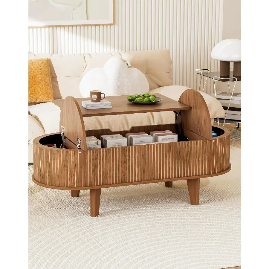 Fluted Oval Lift Top Coffee Table with Storage, 47 Wood Mid Century Modern Coffee Table for Living Room, Walnut Finish, Functio
