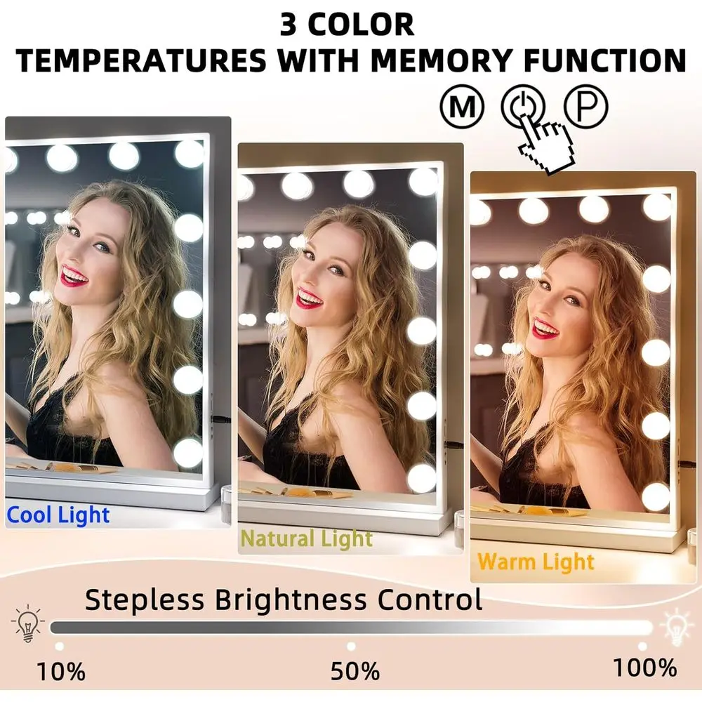 Косметическое зеркало со светодиодной подсветкой 22,8x18,1, 15 лампочек с регулируемой яркостью, 3 цветовыми режимами, голливудский стиль, зарядка через USB, увеличительное зеркало 10X