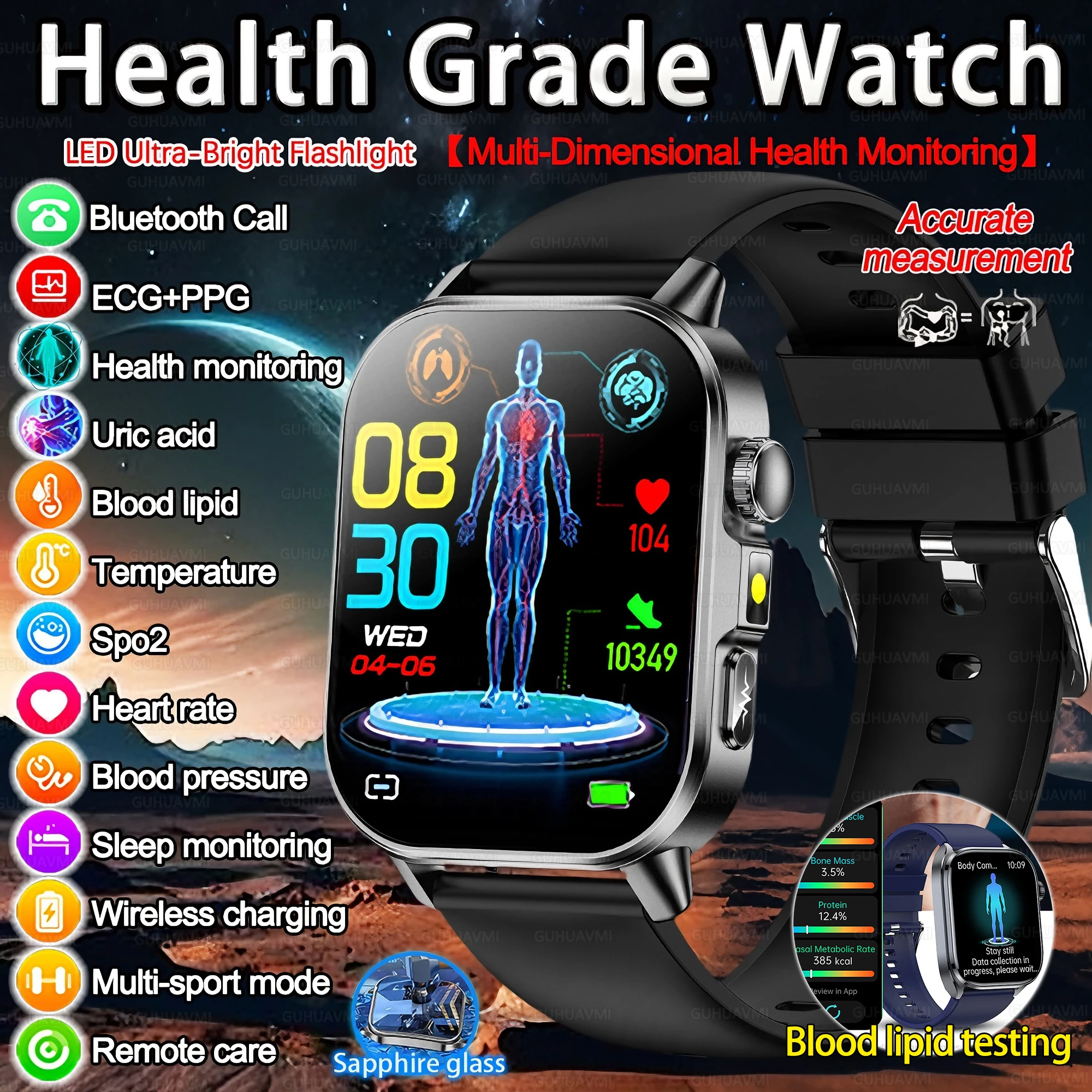 

2026 New AI Diagnosis Blood component Smart watch Men ECG+PPG Uric Acid Lipid Blood Pressure Bluetooth Call Waterproof Bracelets
