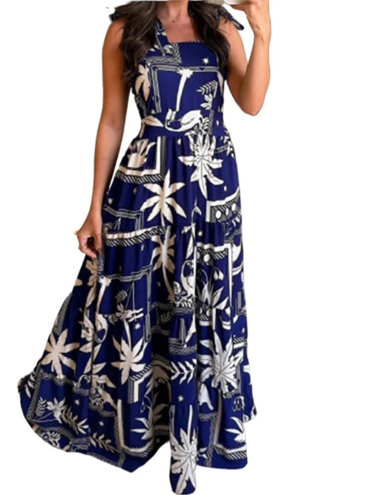 

Women's Fashion Print Sling Long Dress Summer New Elegant Casual Office Holiday Beach Party Dresses For Women Robe Femmes