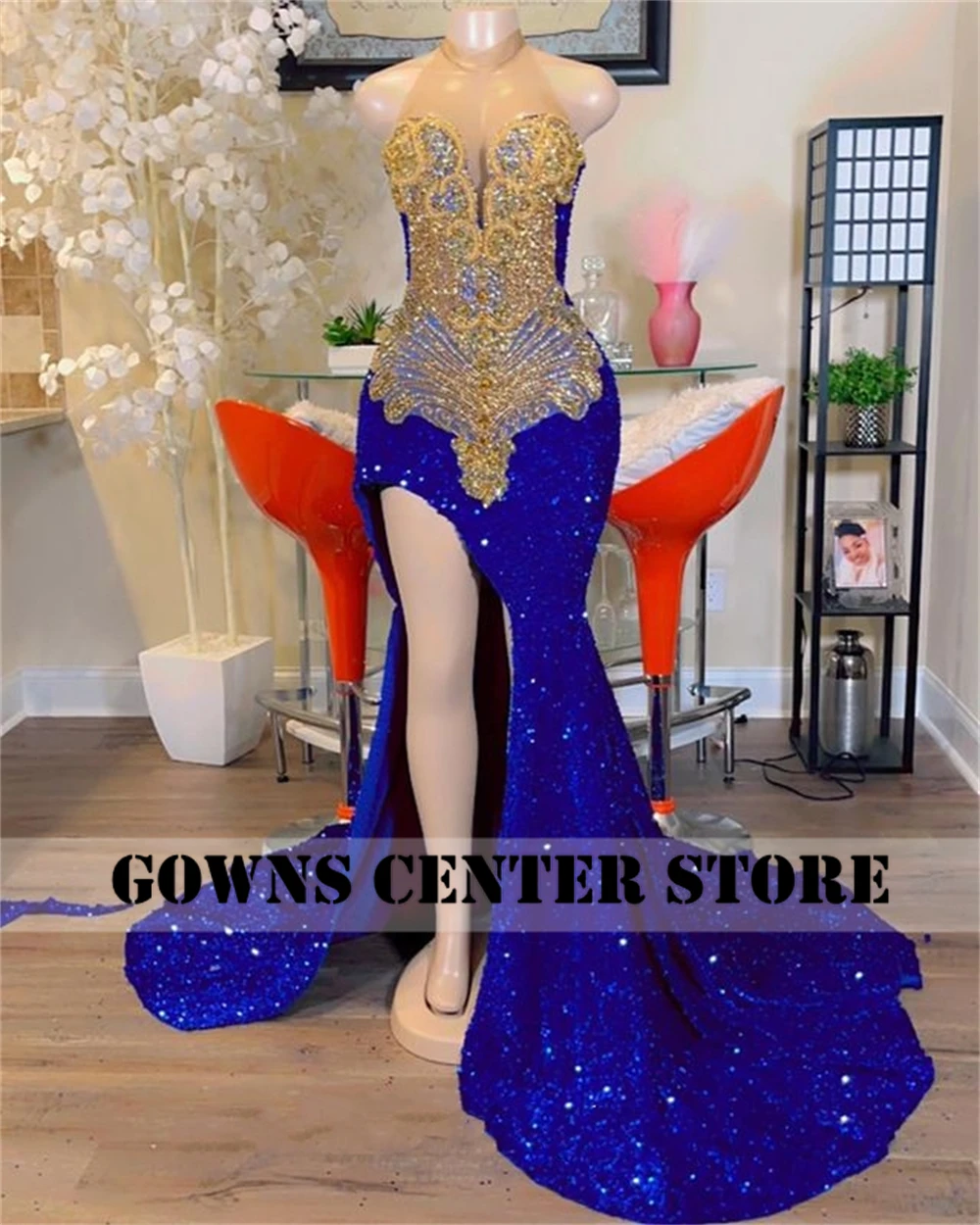 Abito da ballo a sirena con strass blu Halter King Abito da sera da sposa africano per ragazza nera Abito da festa in rete trasparente personalizzato