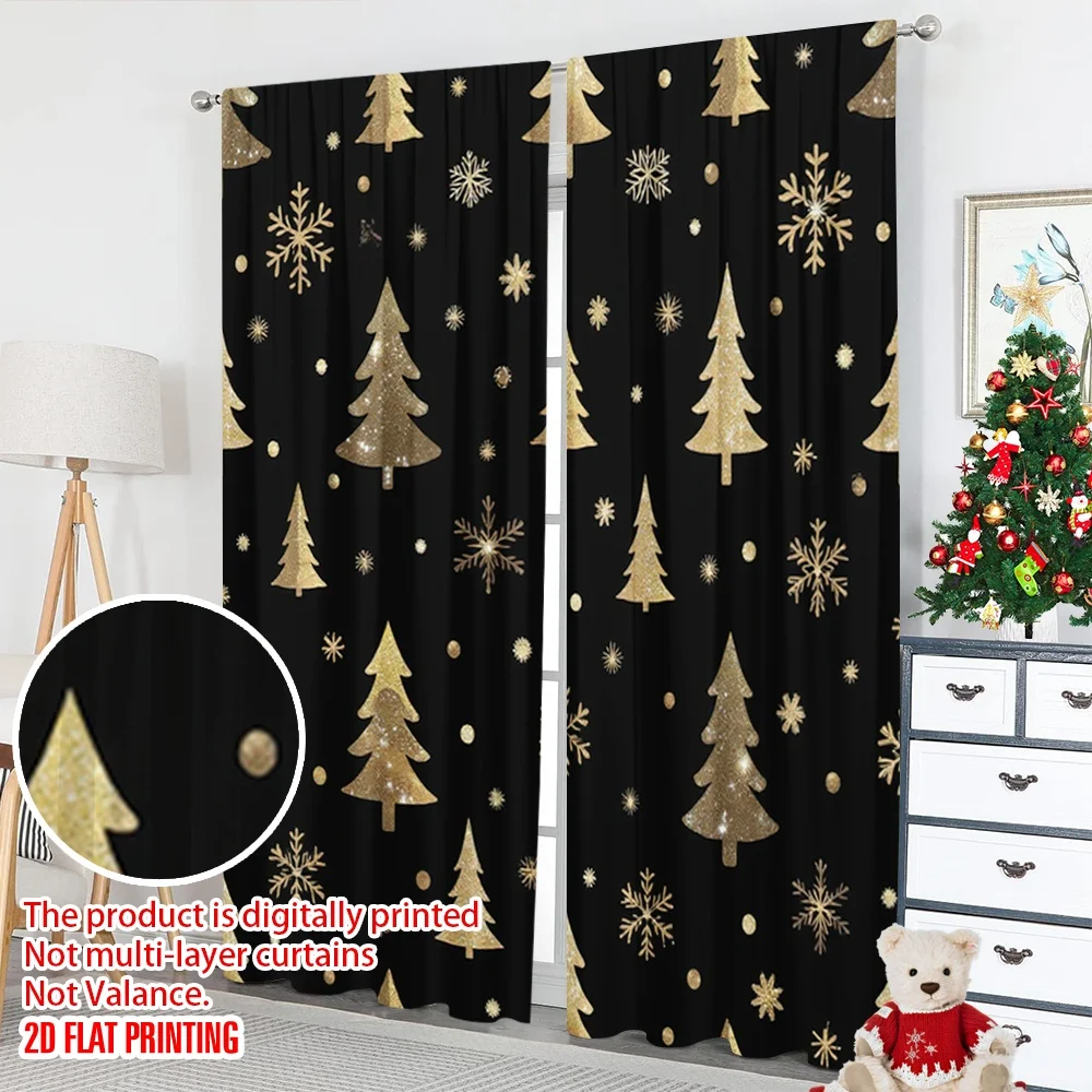 2 قطعة 2D الطباعة المسطحة ستائر الحفلات الذهب أشجار عيد الميلاد الثلج الرقمية المطبوعة البوليستر الستائر الأسرة الطرف استخدام ل #5