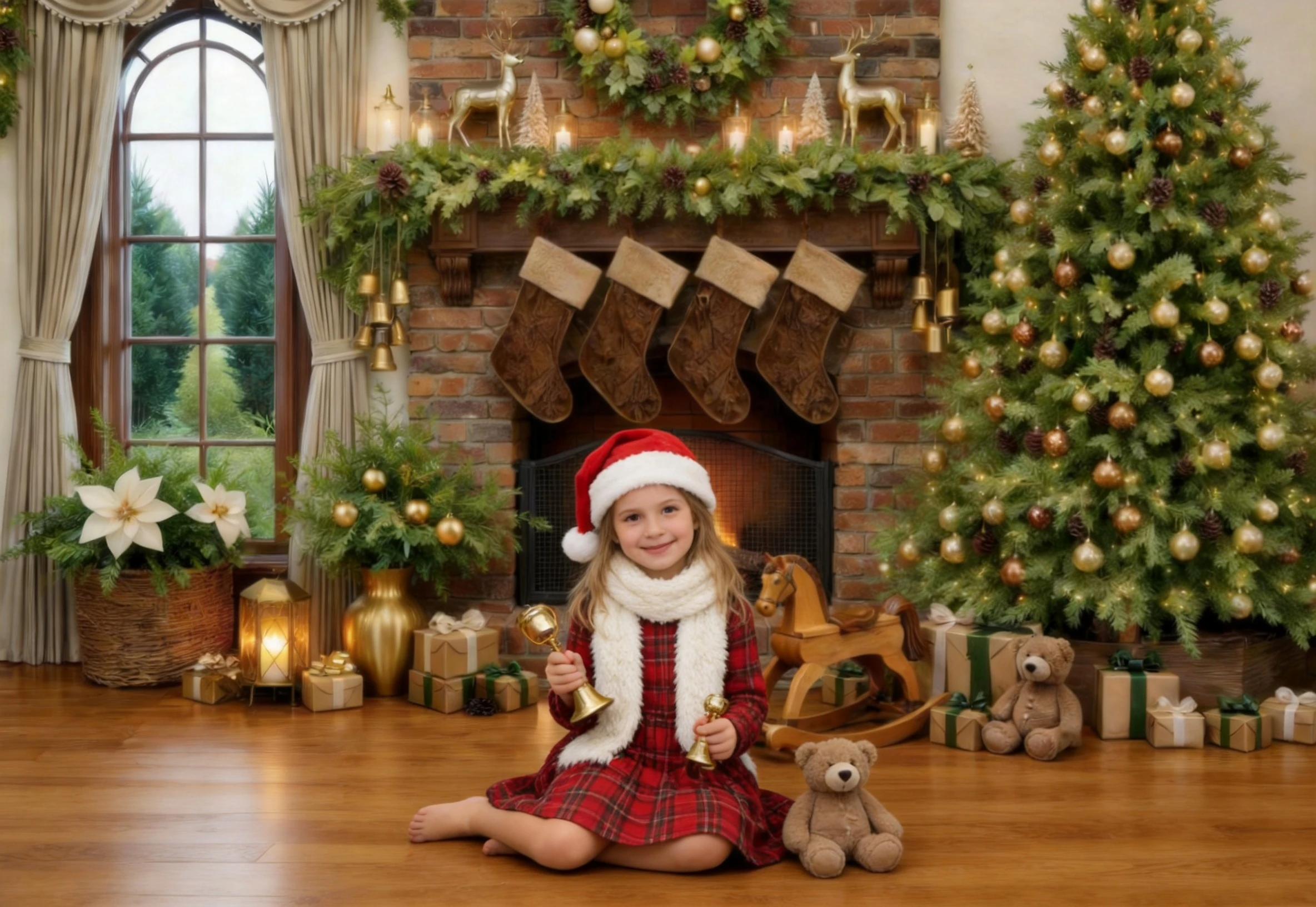 Neutral Vintage Greenery Christmas Fireplace Garland Xmas Tree Decor Photography Background For Family Baby Holiday Portrait