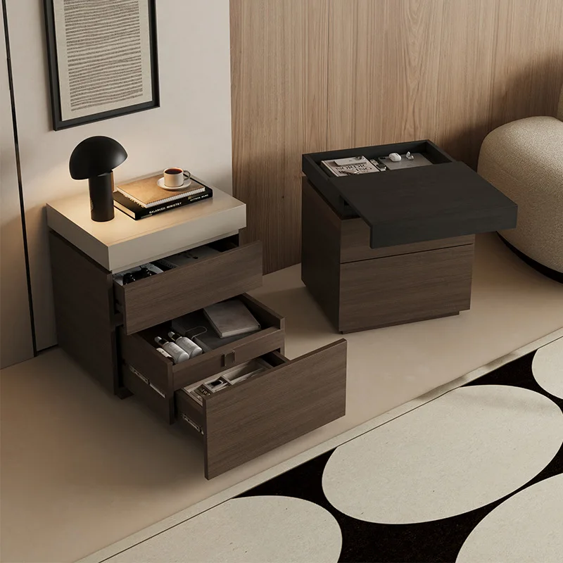 Italian minimalist bedside table household bedroom solid wood multi-functional hidden compartment with hidden light luxury high-