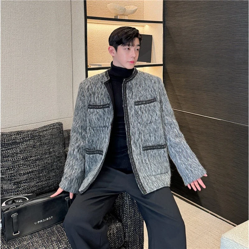 

Winter Thiened Woolen Jaet Men's Lapel Decorative Luxury Lightweight No Collar Coat Youth ular Loose Fit Outerwear