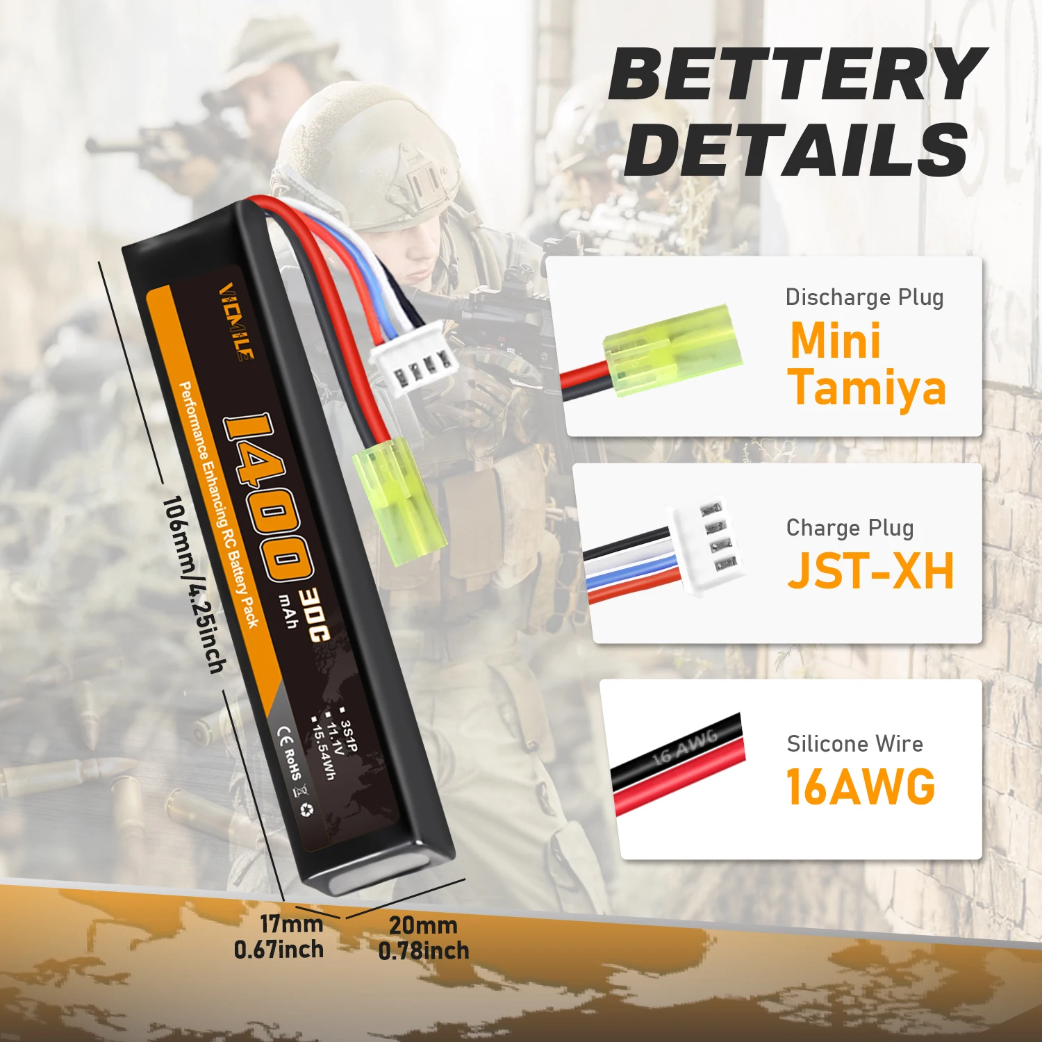 VICMILE 1-2 ชิ้น 11.1V 1400mAh 3S แบตเตอรี่ปืนอัดลมพร้อมปลั๊กทามิย่าพอดีสำหรับปืนรุ่นปืนอัดลมส่วนใหญ่