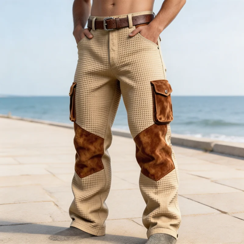 Jeans casuales nuevos de otoño rectos holgados para hombre vintage color contraste textura waffle moda patchwork 4