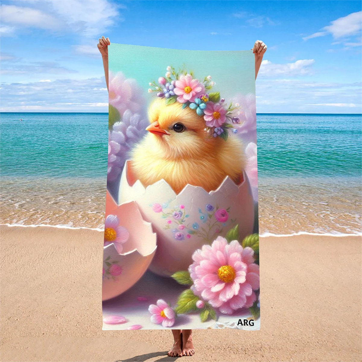 1PC Adorable Hatching Chick Print Beach Towel Girl's Heart Flower Design Super Absorbent Quick Dry Beach Bath Towel