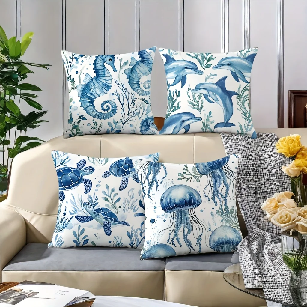Watercolor Ocean Pillow Covers Set Nautical Sea Life Throw Pillow Case Dolphin Mermaid Animal 40x40cm 4pcs Home Decor
