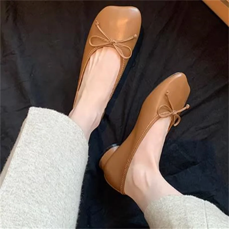 Butterfly-knot Shoes for Ladies Square Toes Women Low Heels Bow-tied Zapatos De Mujer Solid Shallow Sewing Lines Female Ballets