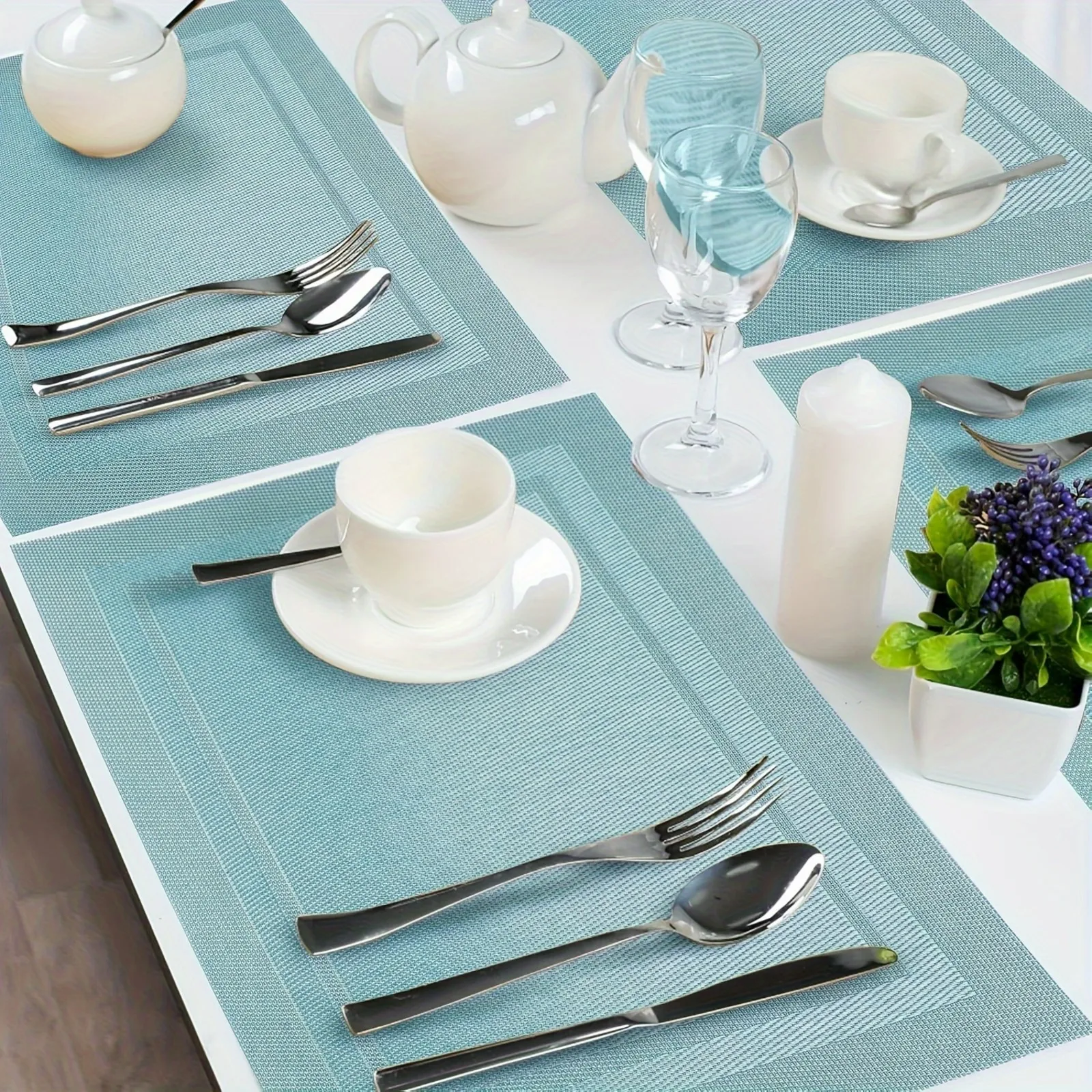 2/4/6pcs blue placemat, kitchen table mat, heat resistant anti slip stain washable PVC table mat, easy to clean woven vinyl dinn