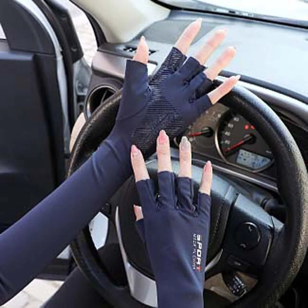 Mangas finas de hielo de medio dedo, dos dedos con protección solar expuesta, cubiertas de brazo largo de verano, poliéster transpirable