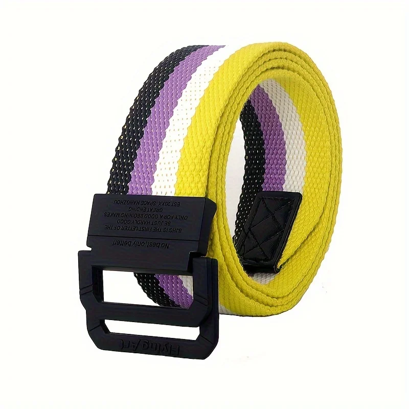 Siebenfarbiger Regenbogen-Canvas-Gürtel mit doppelter Ringschnalle für Damen und Herren, lässiger Hosengürtel – Detail 5