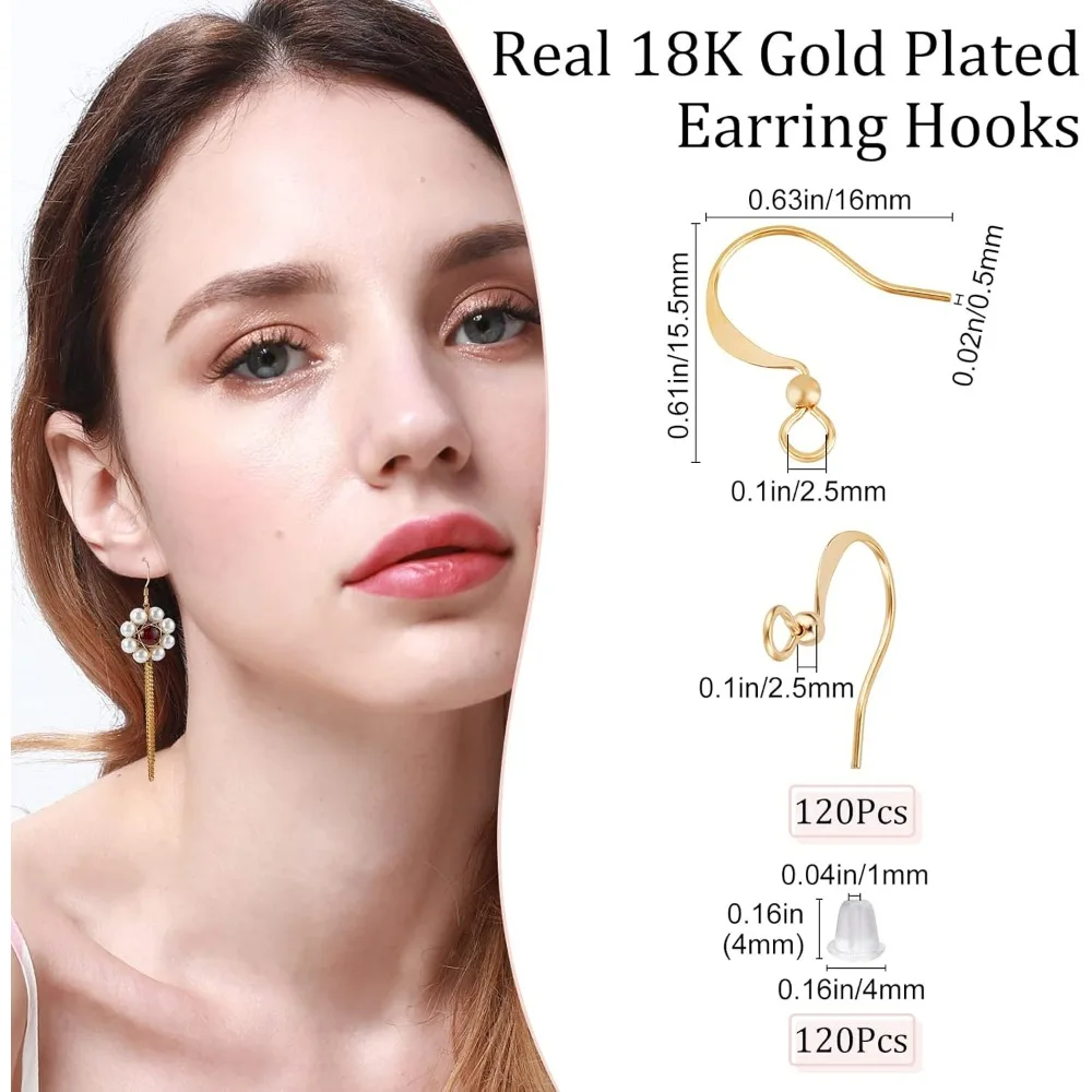 1 Box 120Pcs 18K Gold Plated Earring Hooks Ear Wires Fish Hooks with Ball and 120Pcs Rubber Earring Backs Stopper for DIY