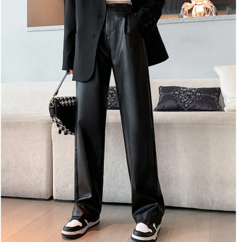 JHJN Autumn Winter Fashion Warm Long Leather Pants Elegant LeatherTrousers High Quality Women PU Leather Wed Leg Pants