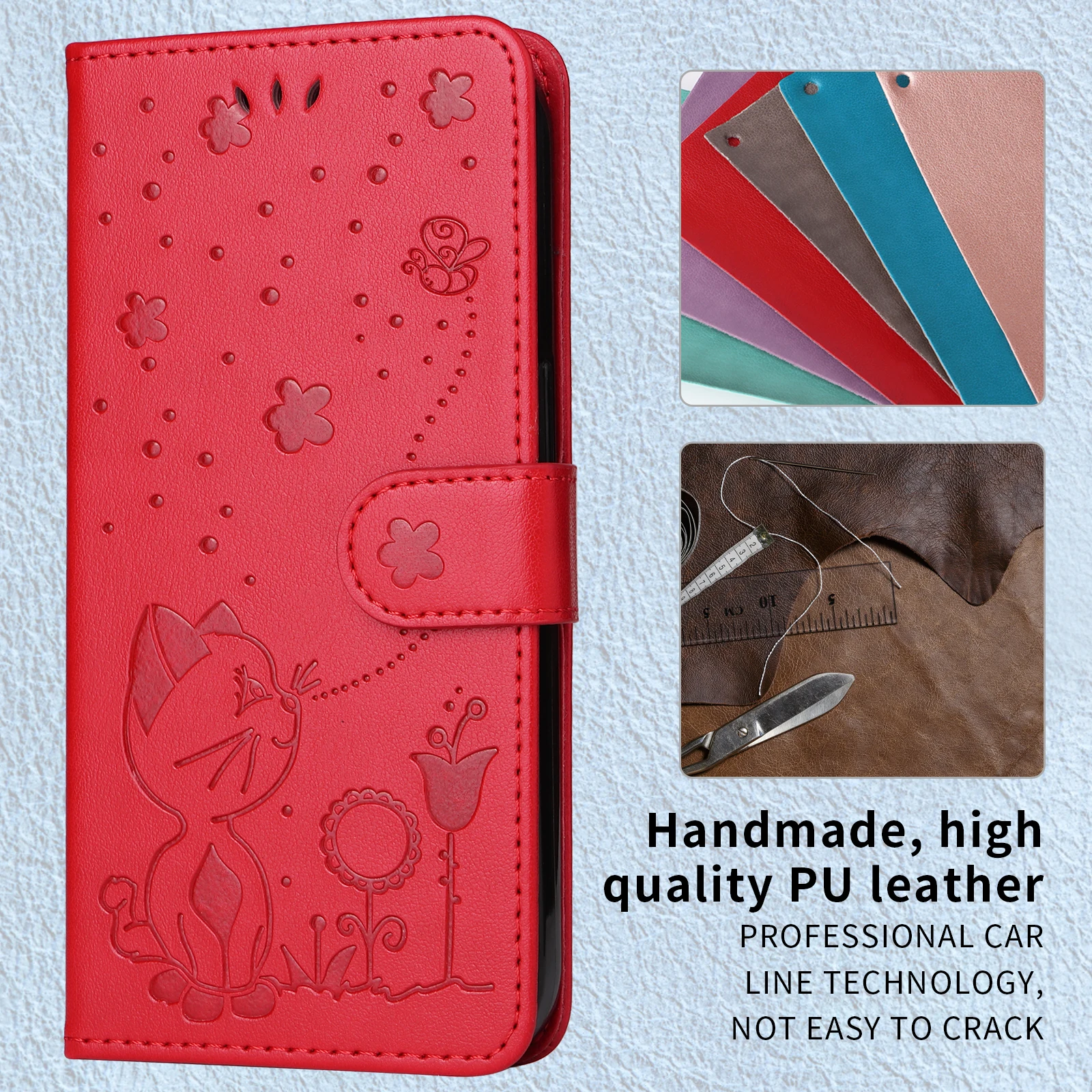 

Leather Embossed Phone Case For iPhone 14 Plus iPhone 15 Promax With Built-in Card Slot Single Folding Process Small Black Rope