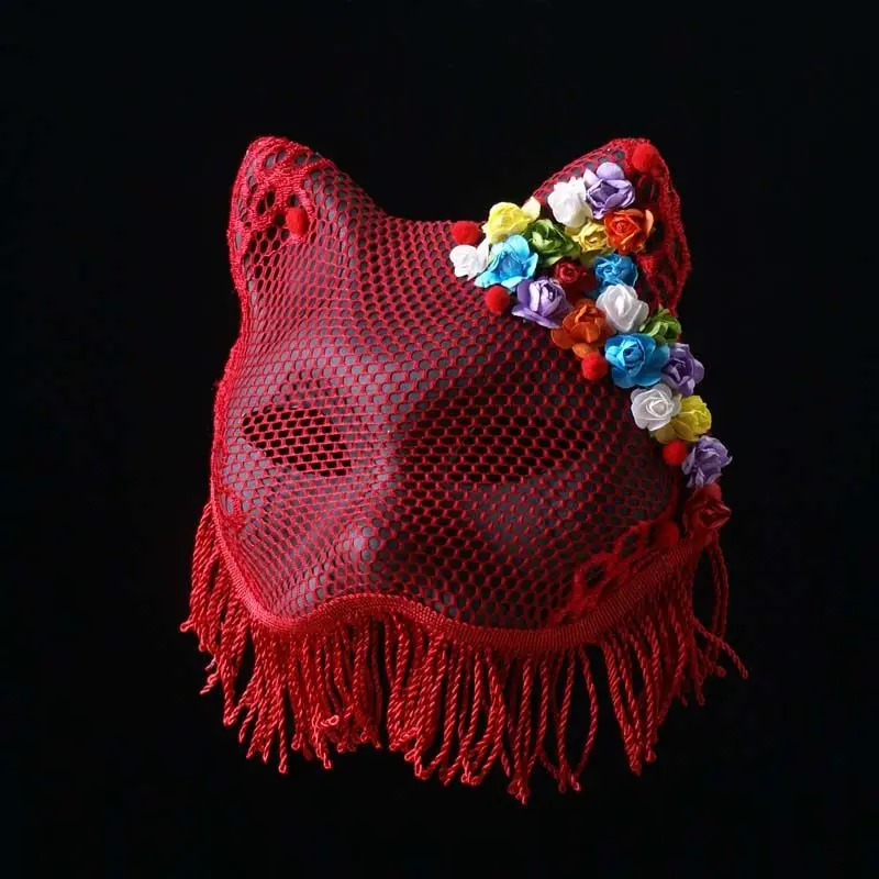

Halloween Prom Adult Cat Full Face Red Fringed Mask Stage Singing Japanese Zephyr Fox Cat Fake Mask