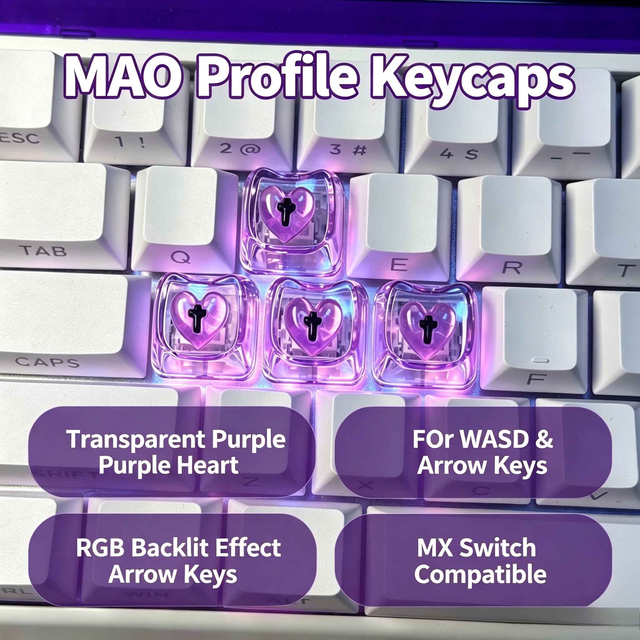 4PCS Love Key Caps Heart Clear Keycaps Cute Transparent Keycap Resin Kawayi WASD Arrow Keys for Mechanical Keyboard Decoration