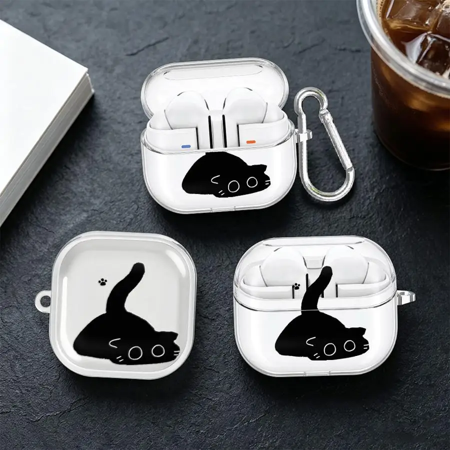 Black Cat Doodle Print Case For Samsung Galaxy Buds 2 Live 4 Pro 4Pro 2Pro 3 FE 3Pro Clear Earphone Cases Cover With Hook view 5