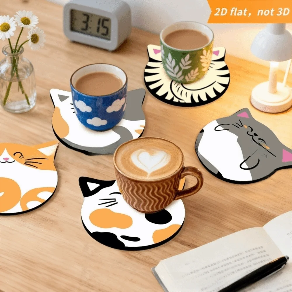 4/6pcs Sweet Round Wooden Drink Coaster Waterproof Heat-Resistant Cat Coaster Dog Bow Insulation Pad For Dining