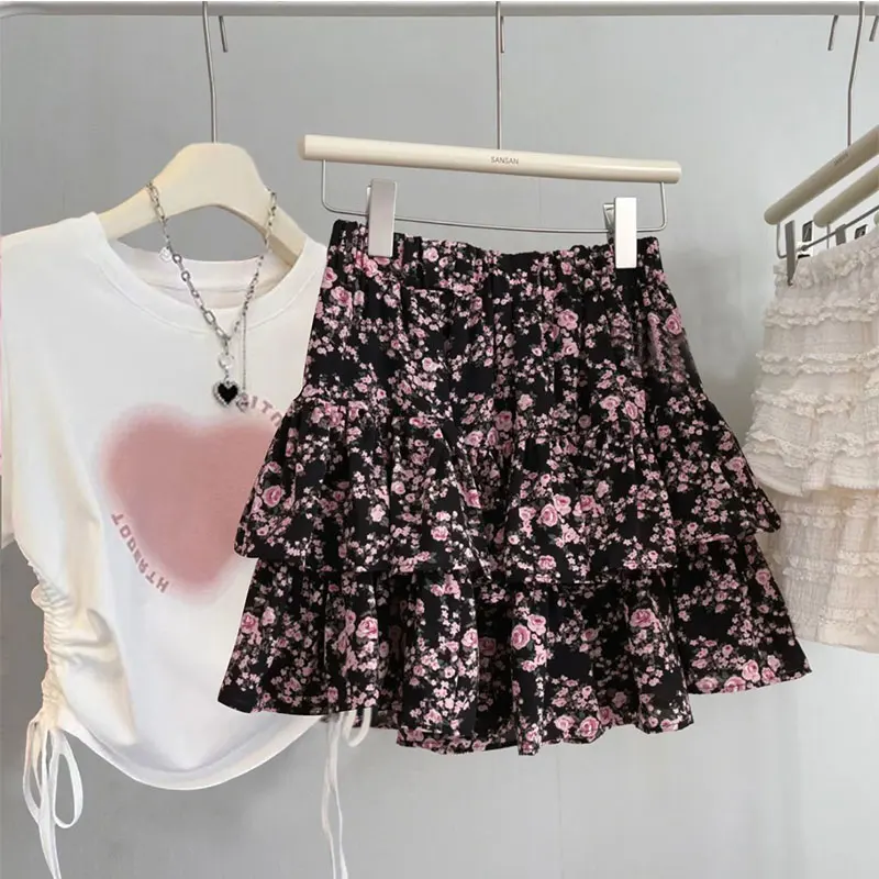 

Милый и пикантный женский летний комплект из мягкой футболки и юбки с цветочным принтом, модный костюм из двух предметов с круглым вырезом