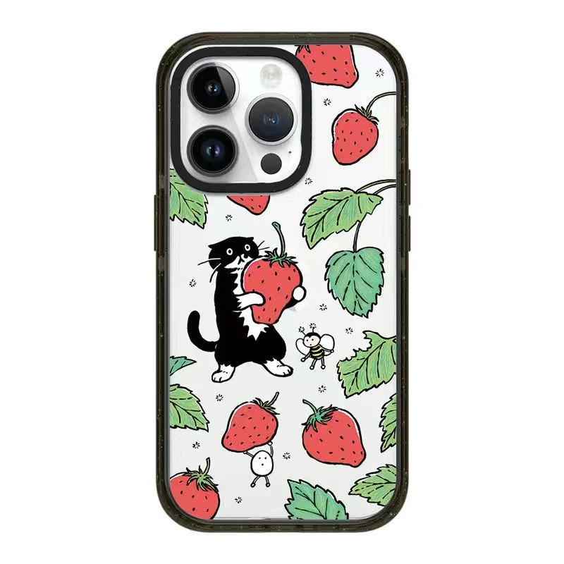 2.0 Version Acrylic Upgrade Border Black Cat Strawberry Phone Case Cover for IPhone 11 12 13 14 15 Pro Max Case for IPhone 15